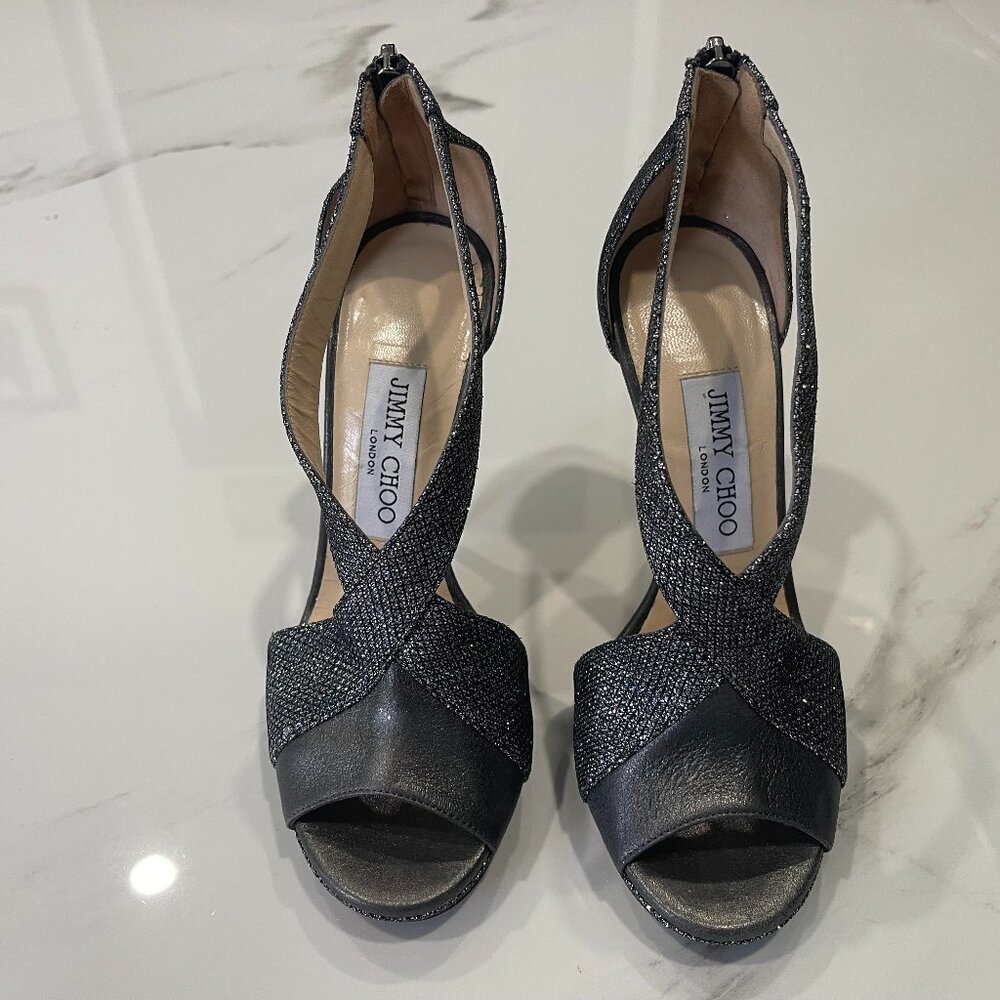 Jimmy Choo Sandals VISION Metallic Grey Crossover Sandals Size 35.5